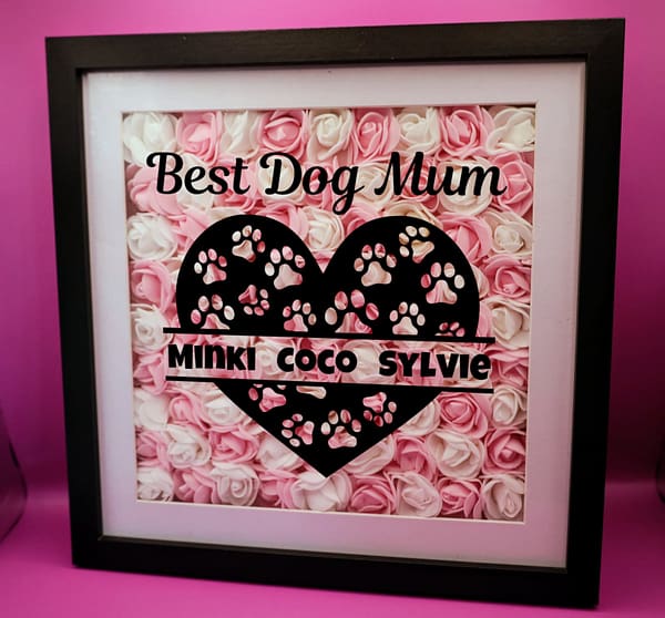 Mother's Day Personalised Best Dog Mum Shadow Box 25cm Pink & White Flowers | Gift For Mum From Dog