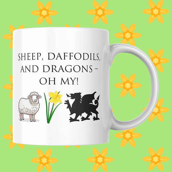 Sheep, Daffodils, and Dragons Welsh Mug